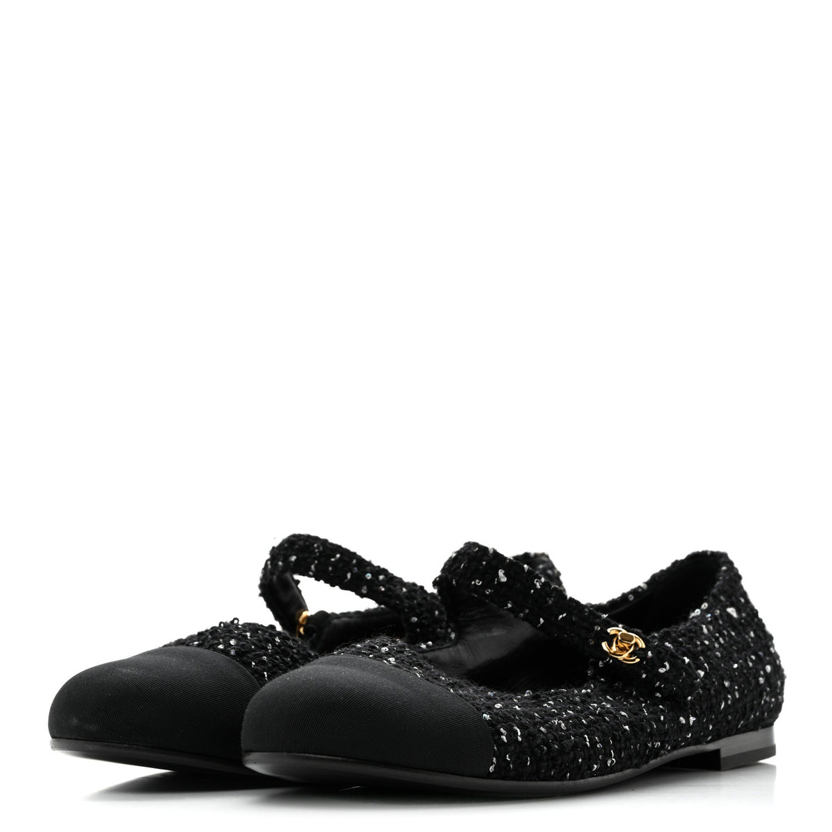 Tweed Sequin Grosgrain Cap Toe Mary Jane Flats 39 Black