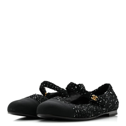 Chanel Tweed Sequin Grosgrain Cap Toe Mary Jane Flats 39 Black 4 of 11