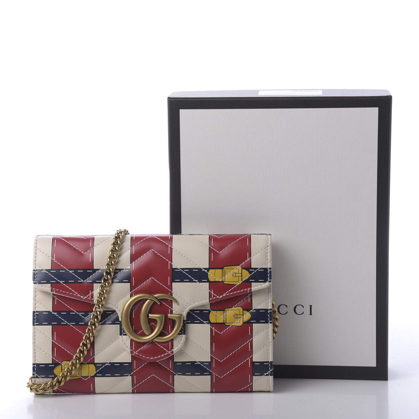 Calfskin Matelasse Trompe L'Oeil Print Mini GG Marmont Chain Wallet White