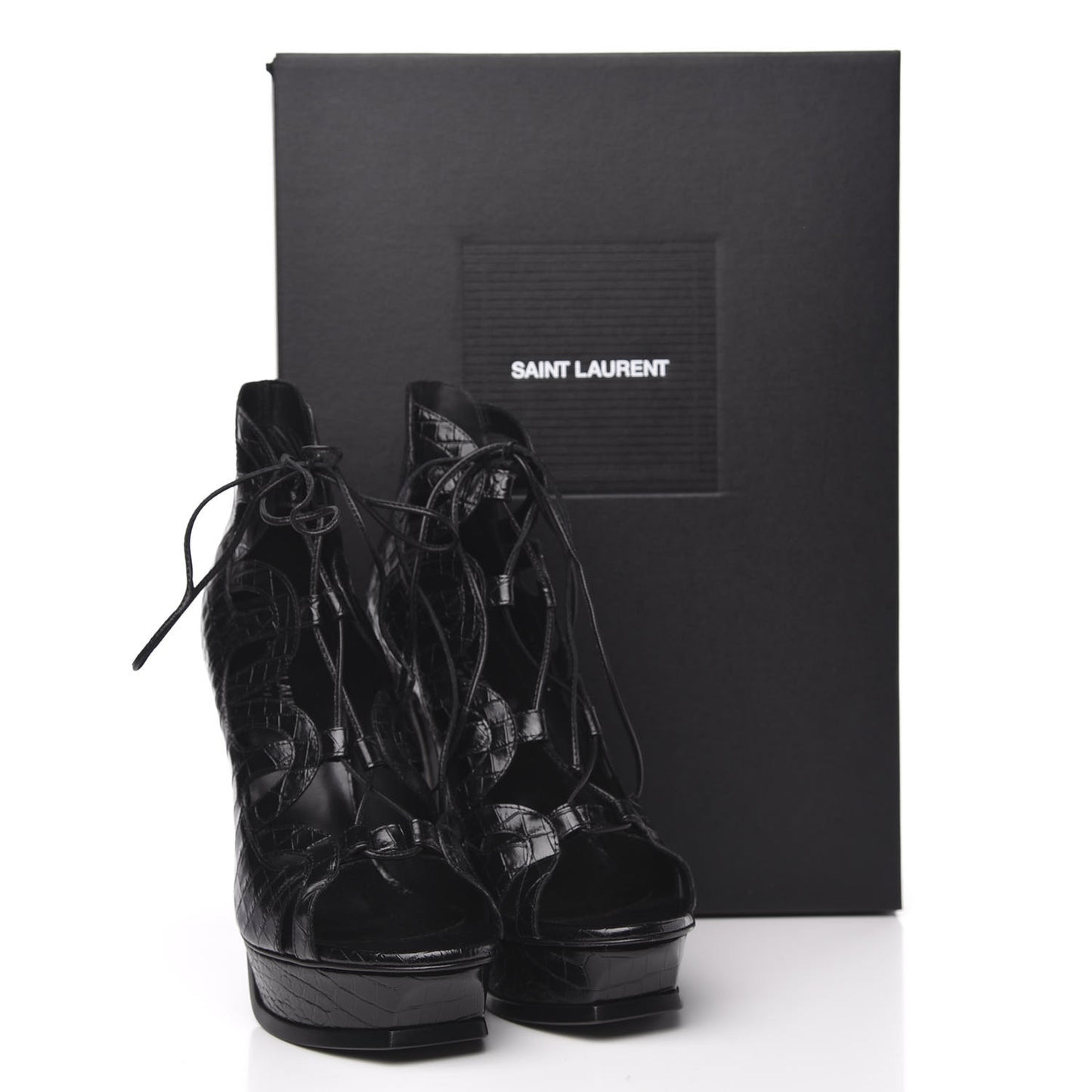 Calfskin Crocodile Embossed Tribute 16 Lace Up Platform Sandals 39 Black