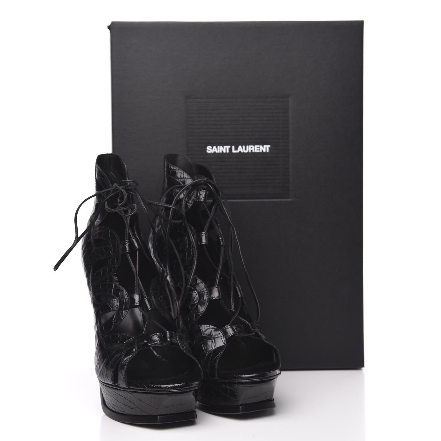 Saint Laurent Calfskin Crocodile Embossed Tribute 16 Lace Up Platform Sandals 39 Black 8 of 8