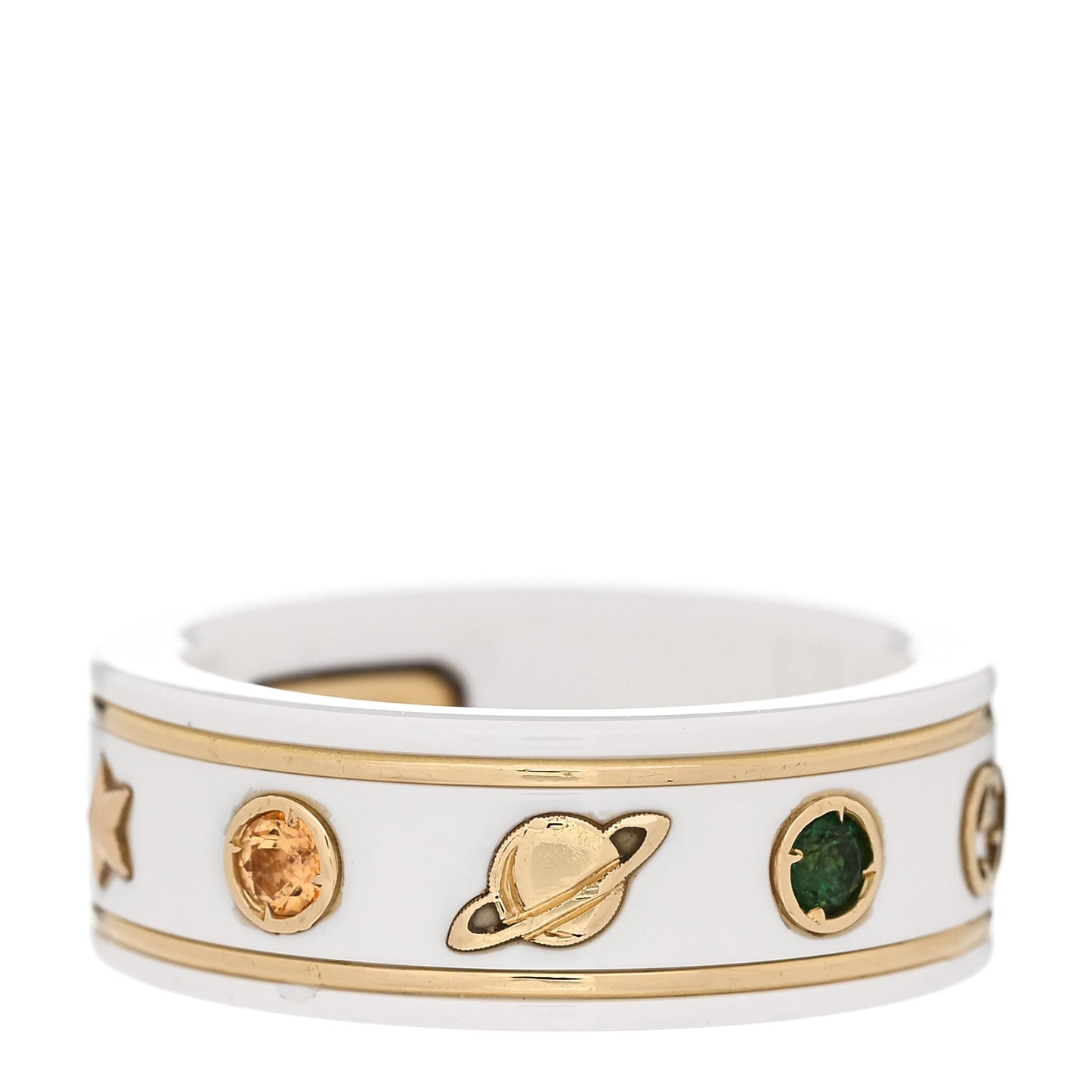 18K Yellow Gold Ceramic Topaz Icon Band Ring 50 5.25 White
