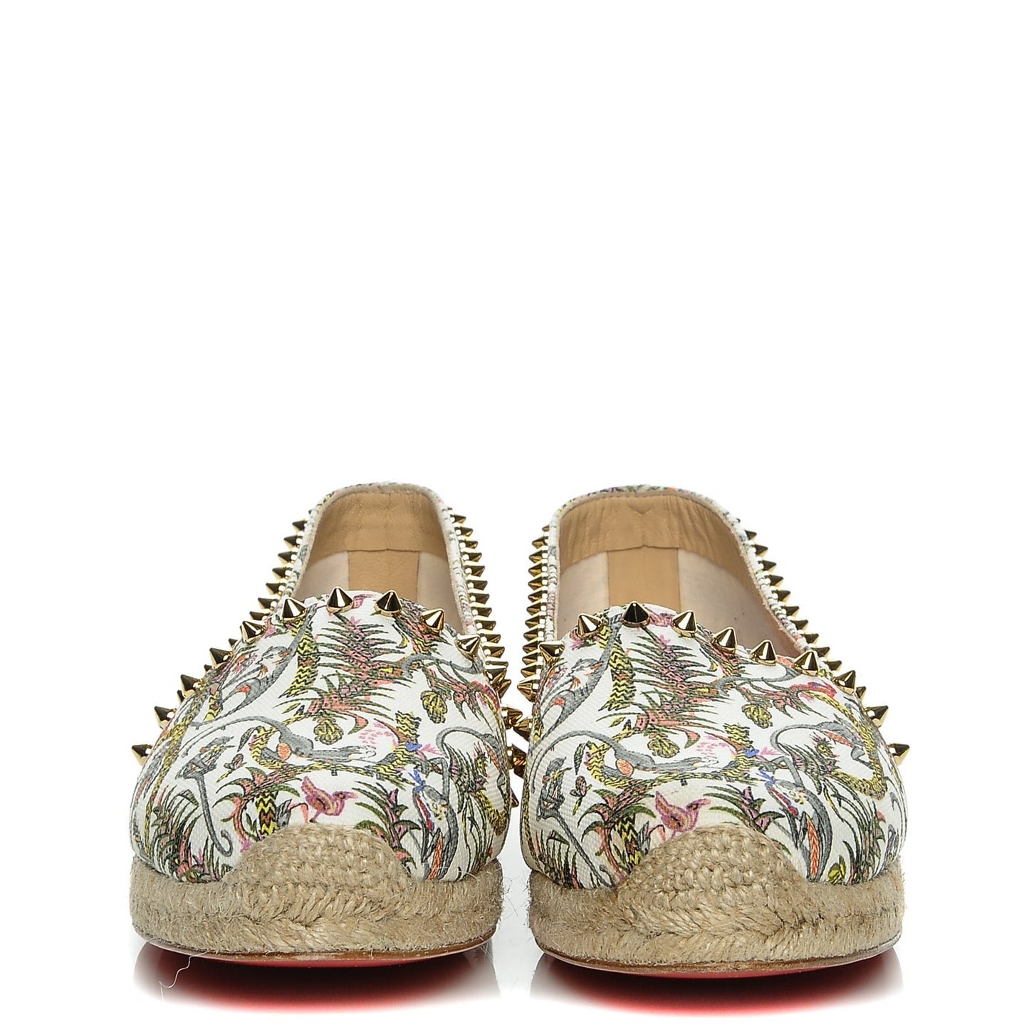 CHRISTIAN LOUBOUTIN Canvas Loubi Jungle Print Ares Spikes Flat Espadrilles 40 Ivory