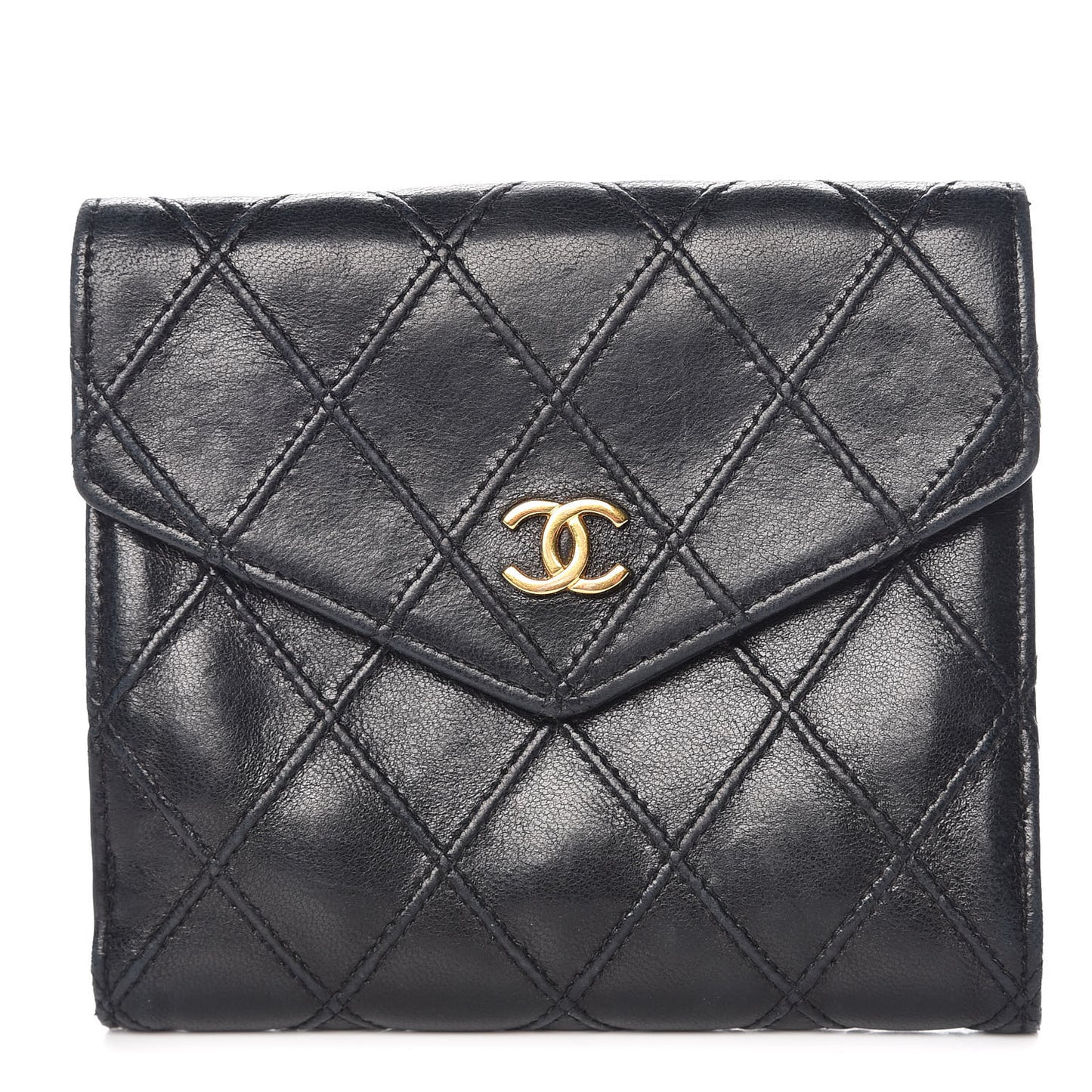 Lambskin Stitched Compact French Wallet Black