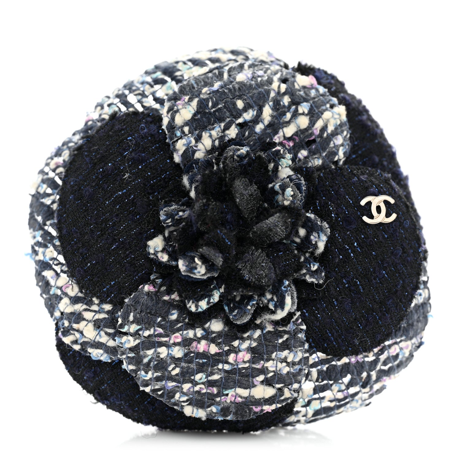 Chanel Tweed Camellia Pin Brooch Navy Blue White 1 of 4