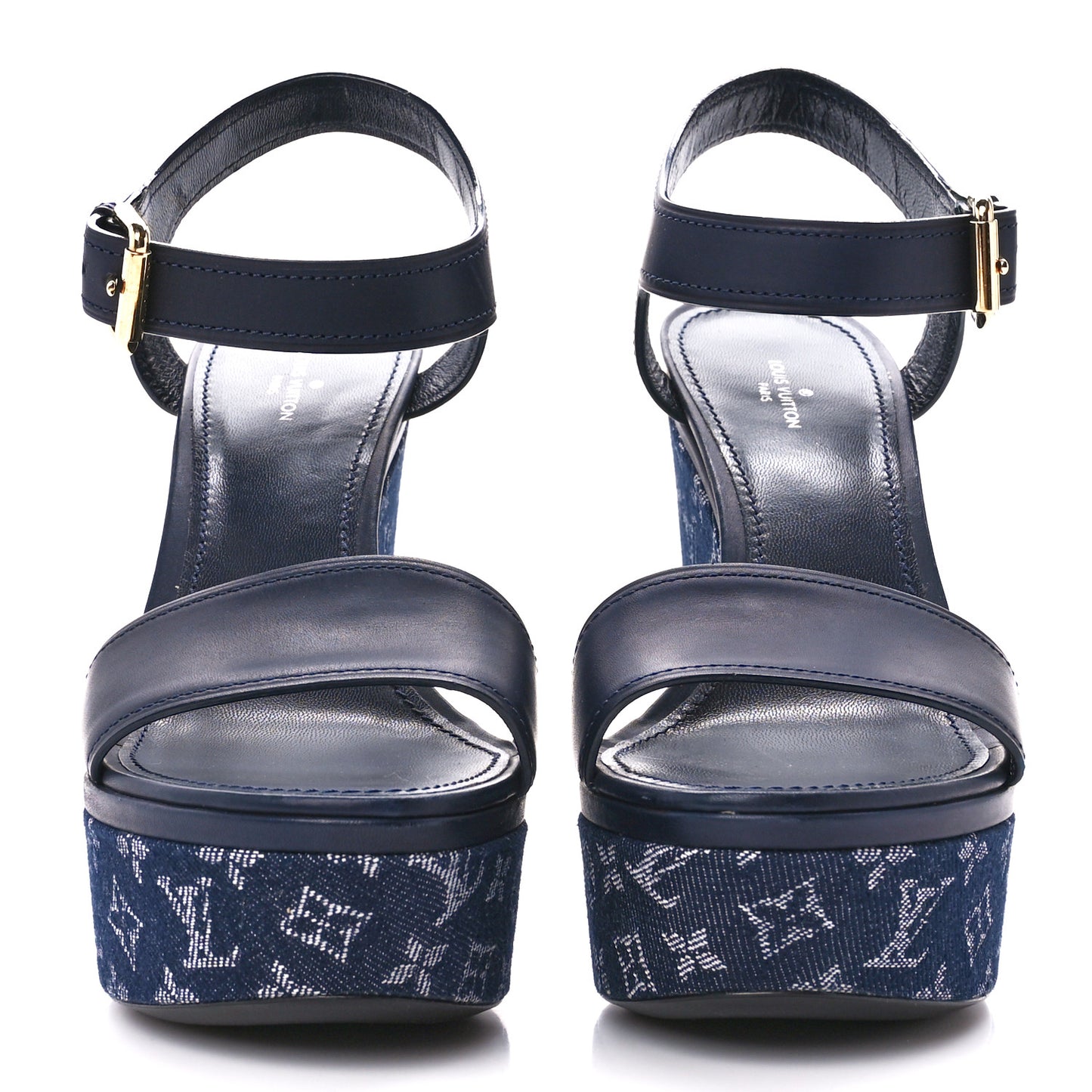 Calfskin Monogram Denim Waterfall Wedge Sandals 39 Blue