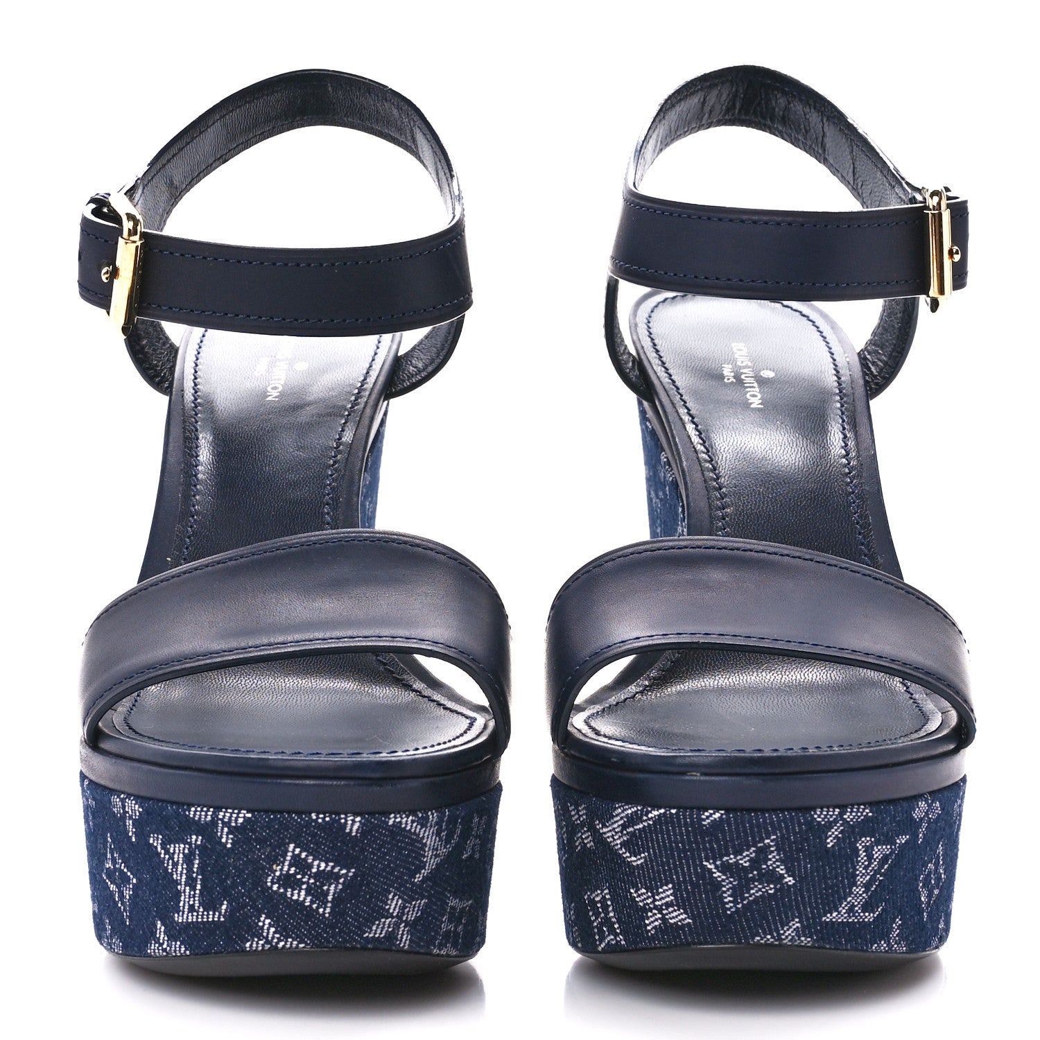 Louis Vuitton Calfskin Monogram Denim Waterfall Wedge Sandals 39 Blue 2 of 8