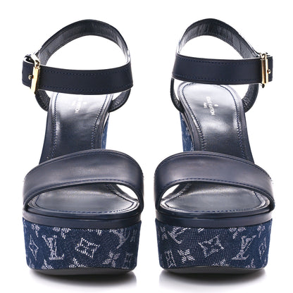 Louis Vuitton Calfskin Monogram Denim Waterfall Wedge Sandals 39 Blue 2 of 8