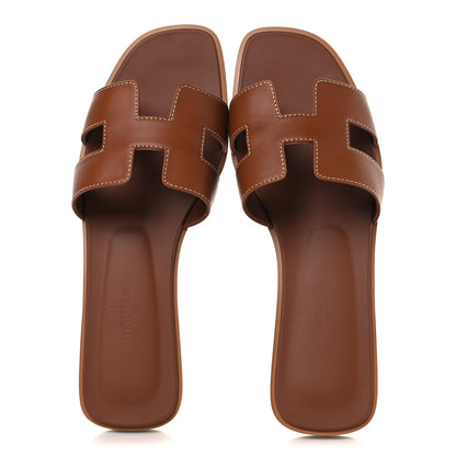 Hermes Box Calfskin Oran Sandals 37.5 Gold 2 of 10