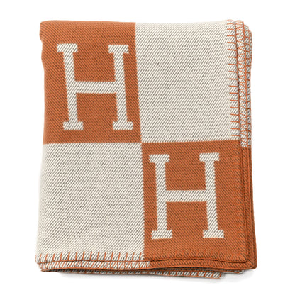 Hermes Wool Cashmere Signature Classic Avalon Blanket Ecru Potiron 1 of 3