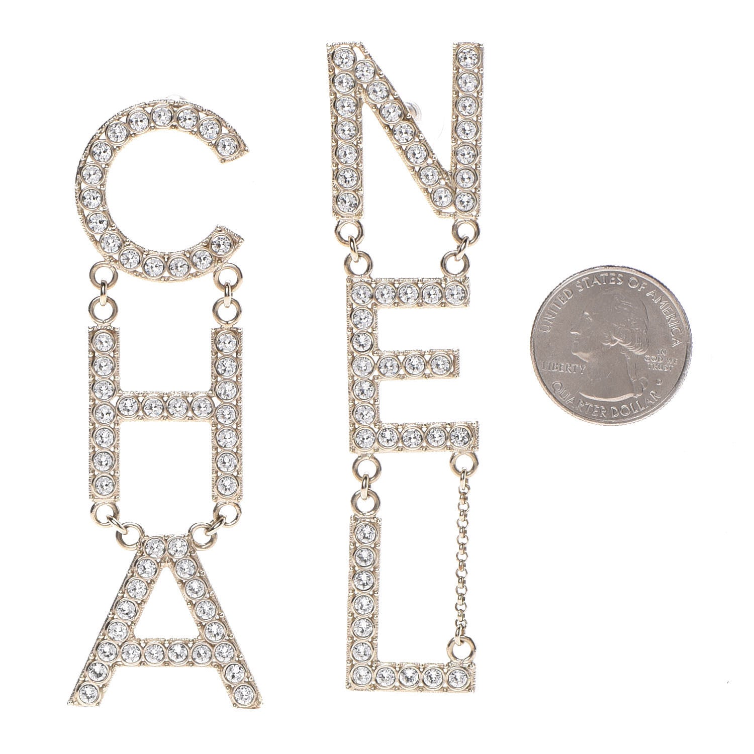 Chanel Crystal Cha-Nel Logo Drop Earrings Gold 2 of 5