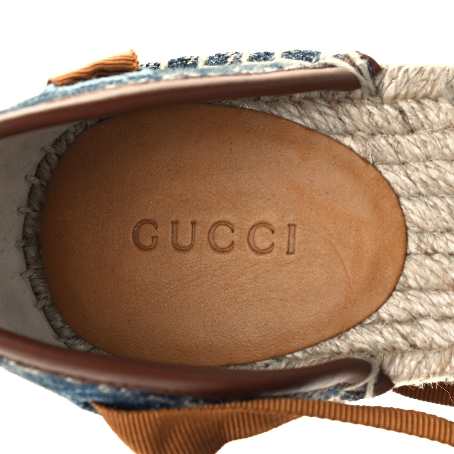 Denim GG Monogram Ankle Wrap Platform Espadrille Wedges 38.5 Blue Tea Cuir