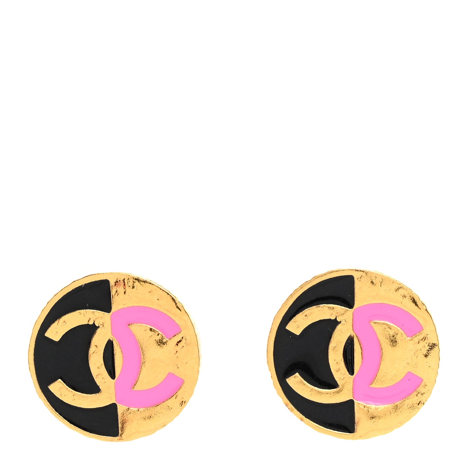 Chanel Metal Enamel CC Round Earrings Gold Pink Black 1 of 5