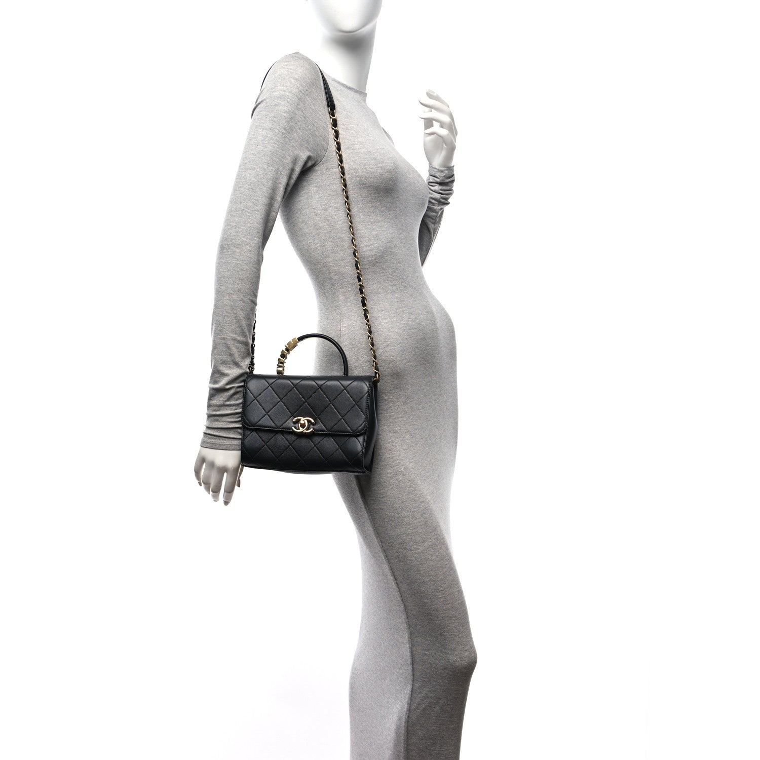 Chanel Lambskin Stitched Pearl Logo Top Handle Flap Black 2 of 12