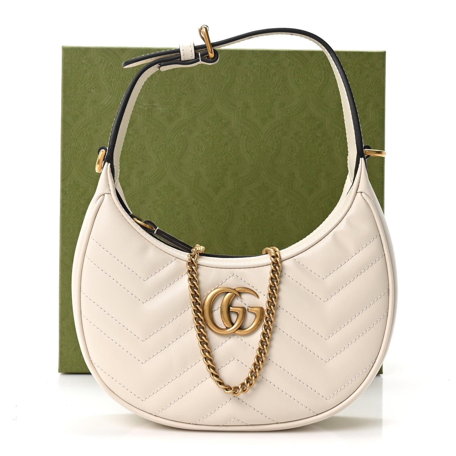 Gucci Calfskin Matelasse Chevron Mini GG Marmont Half Moon Hobo Mystic White 11 of 11