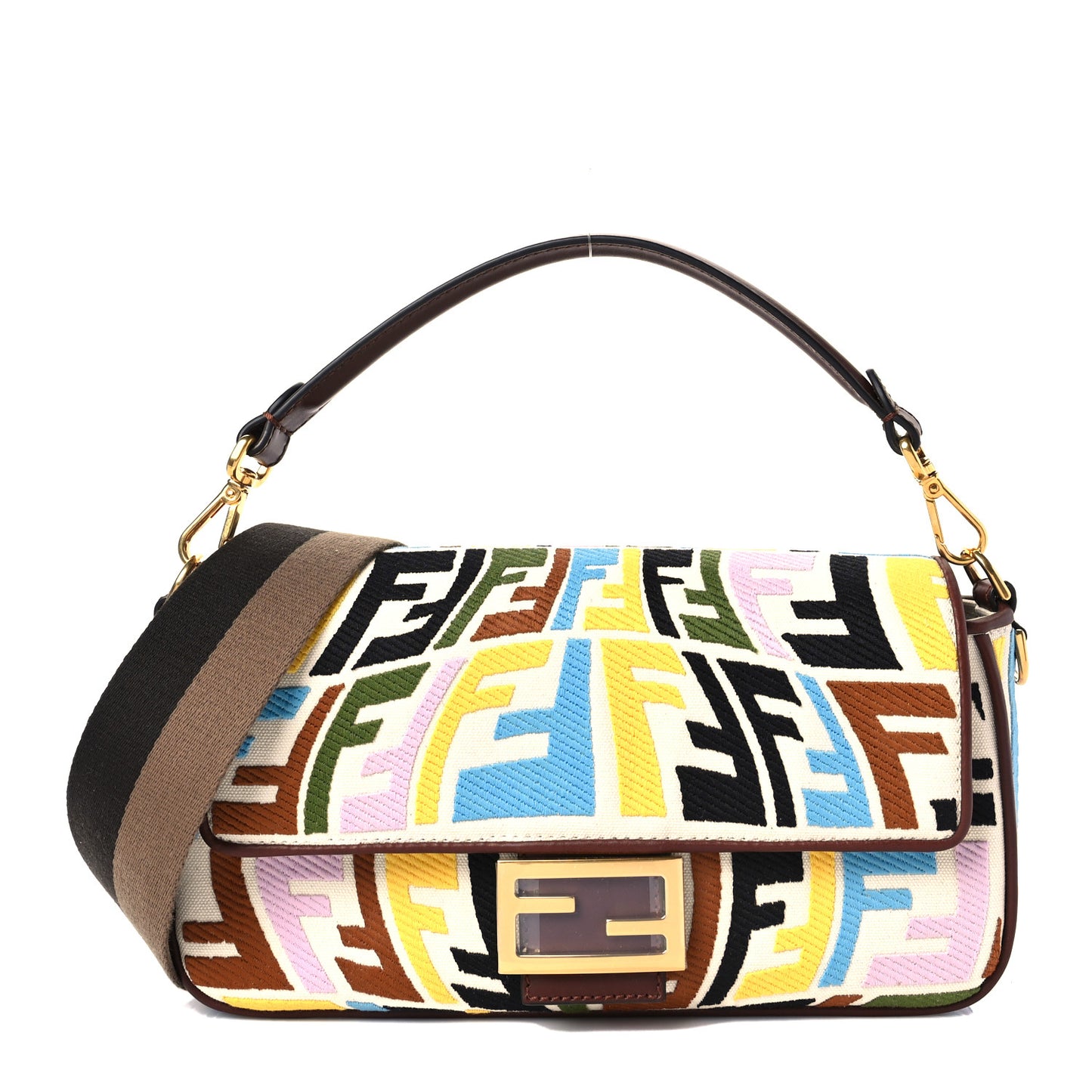 X SARA COLEMAN Canvas Vitello King Seta FF Fish Eye Embroidered Baguette Grezzo Multicolor Ghianda