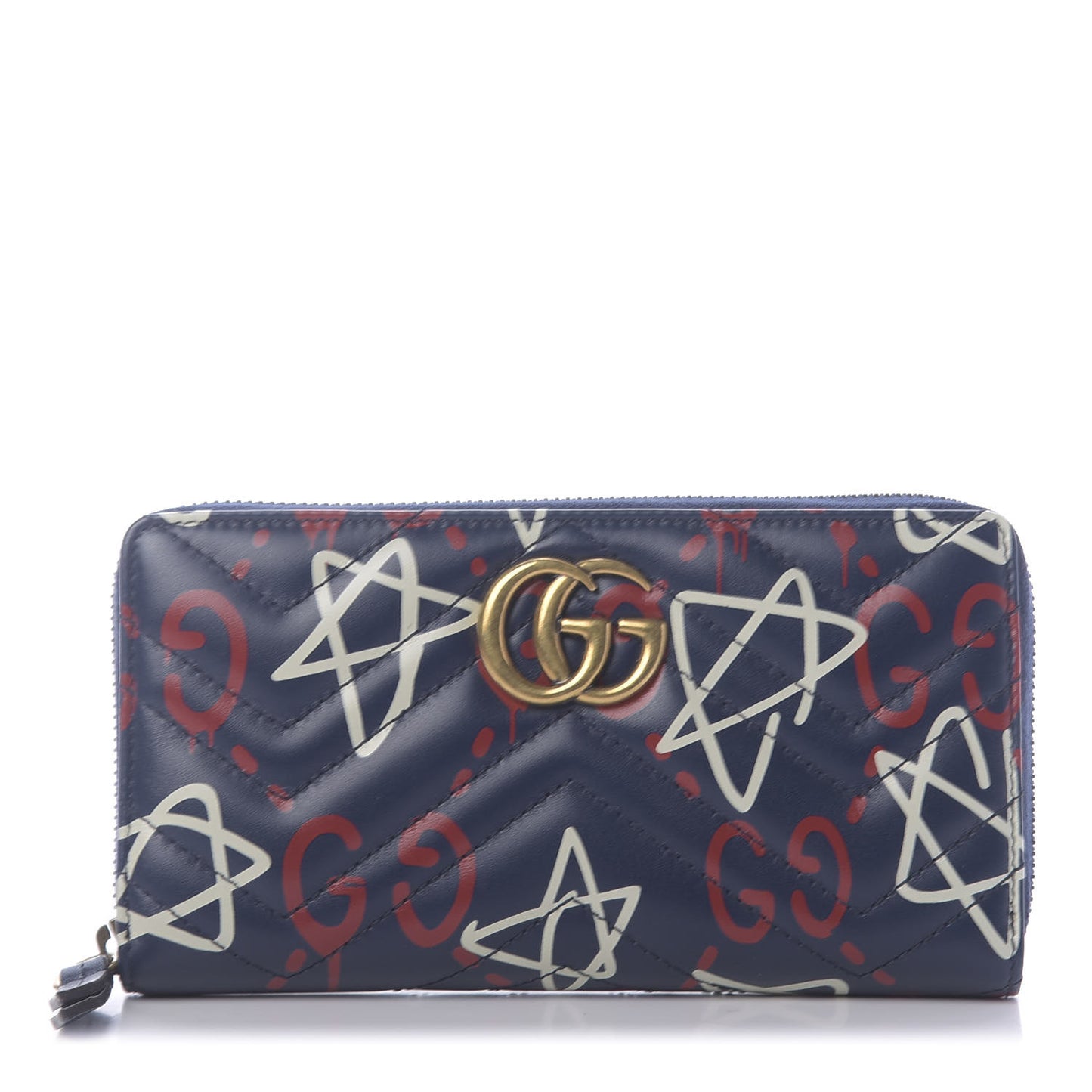 Calfskin Matelasse GucciGhost GG Marmont Zip Around Wallet Blue Agata Hibiscus Red