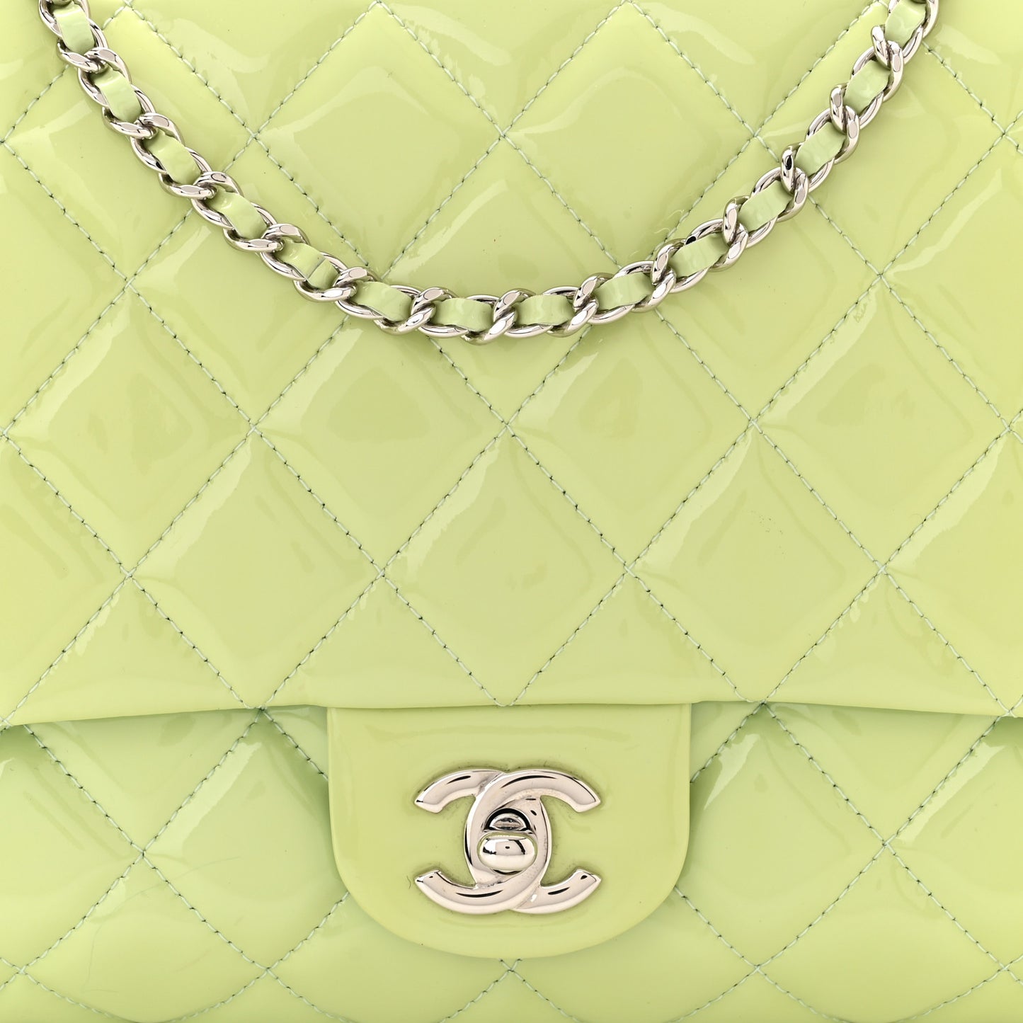 Patent Quilted Clutch With Chain Flap Light Green