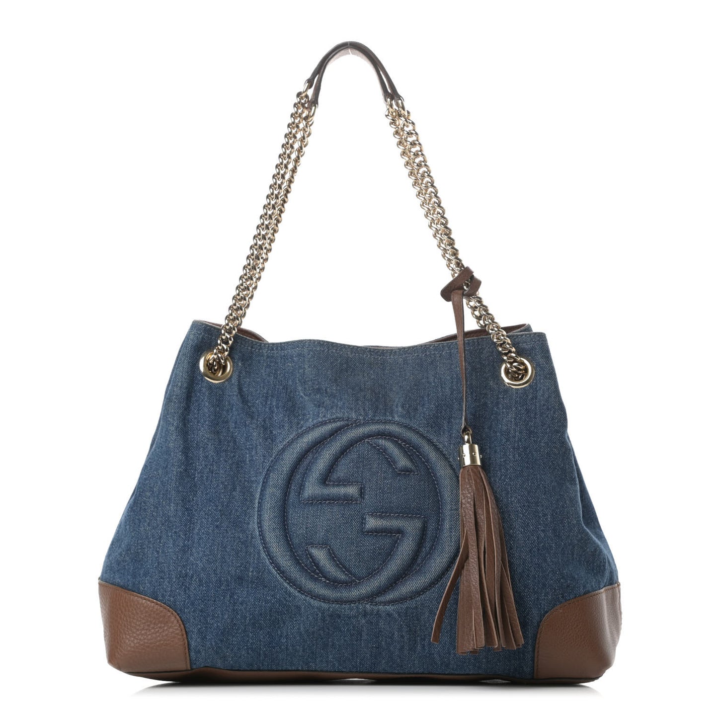 Denim Pebbled Calfskin Medium Soho Chain Shoulder Bag Blue Brown