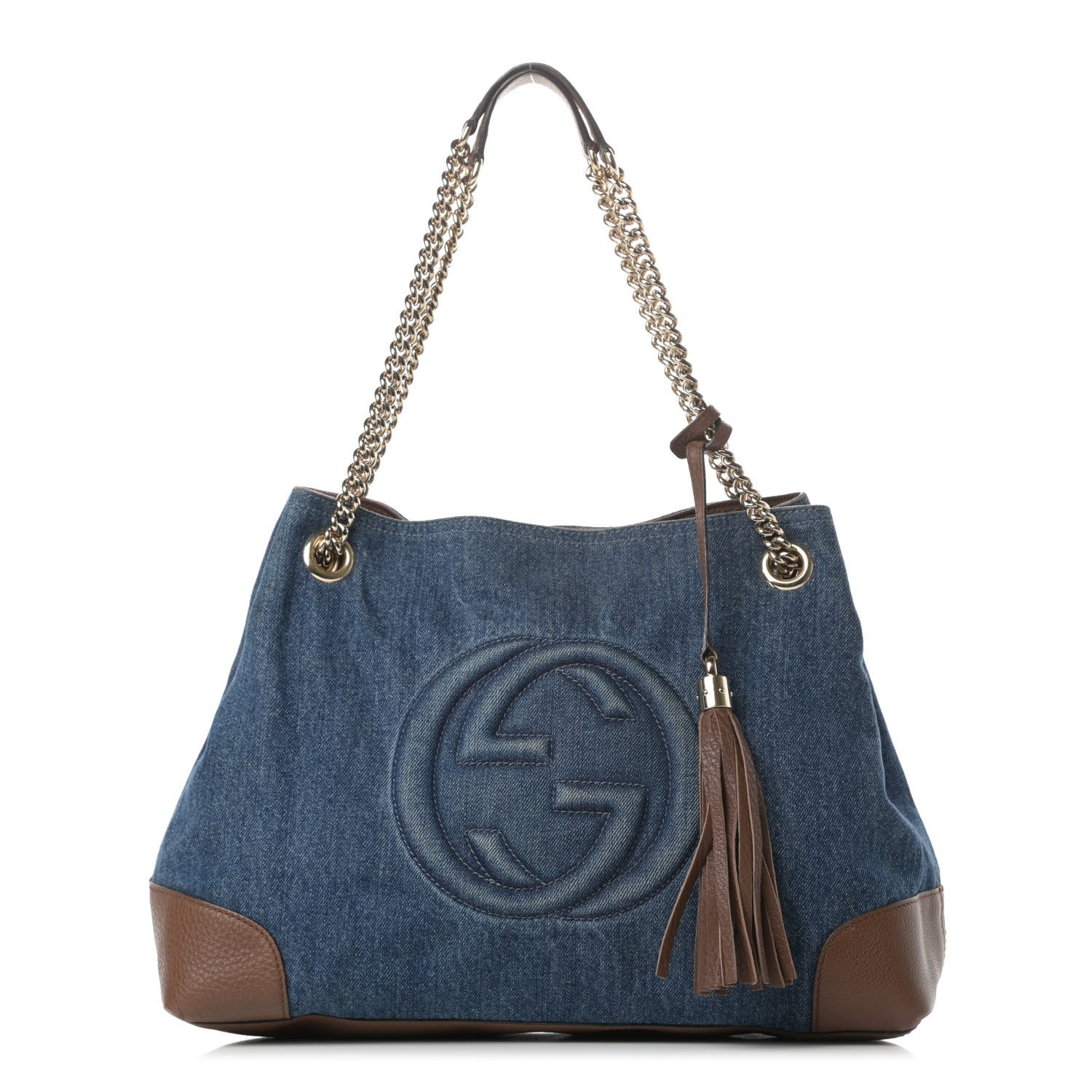 Gucci Denim Pebbled Calfskin Medium Soho Chain Shoulder Bag Blue Brown 1 of 16