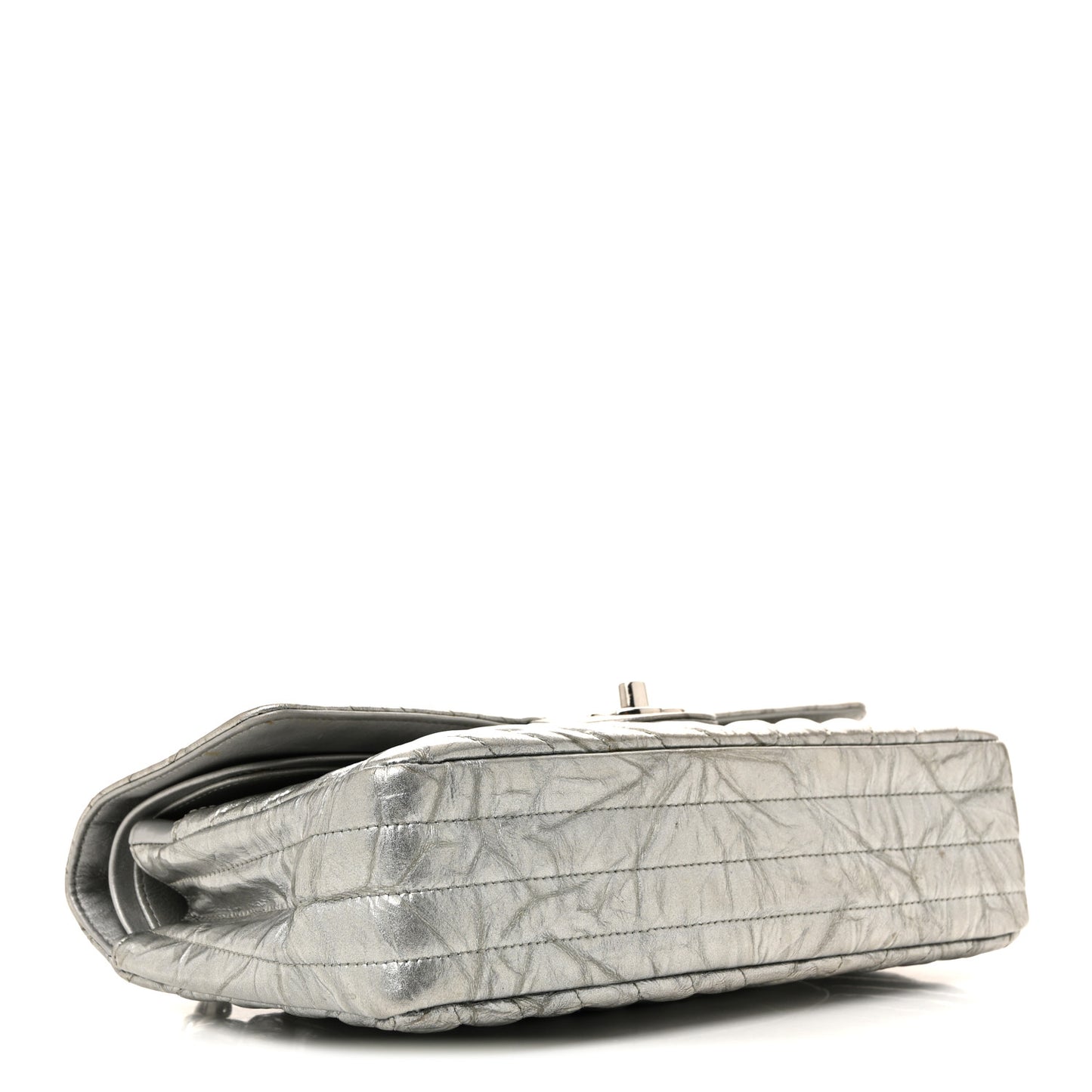 Metallic Patent Crumpled Calfskin Chevron Quilted Medium Double Flap Silver