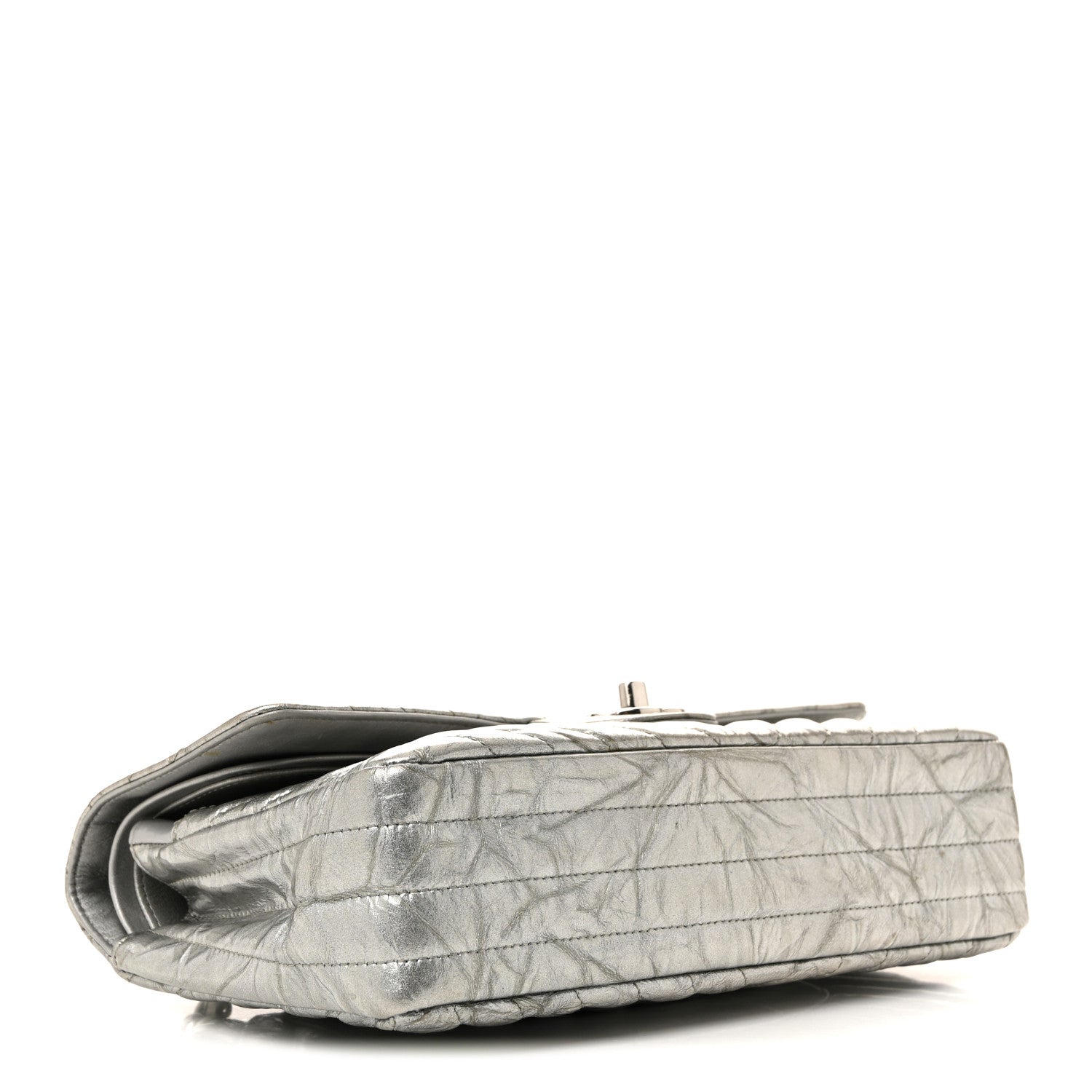 Chanel Metallic Patent Crumpled Calfskin Chevron Quilted Medium Double Flap Silver 4 of 15