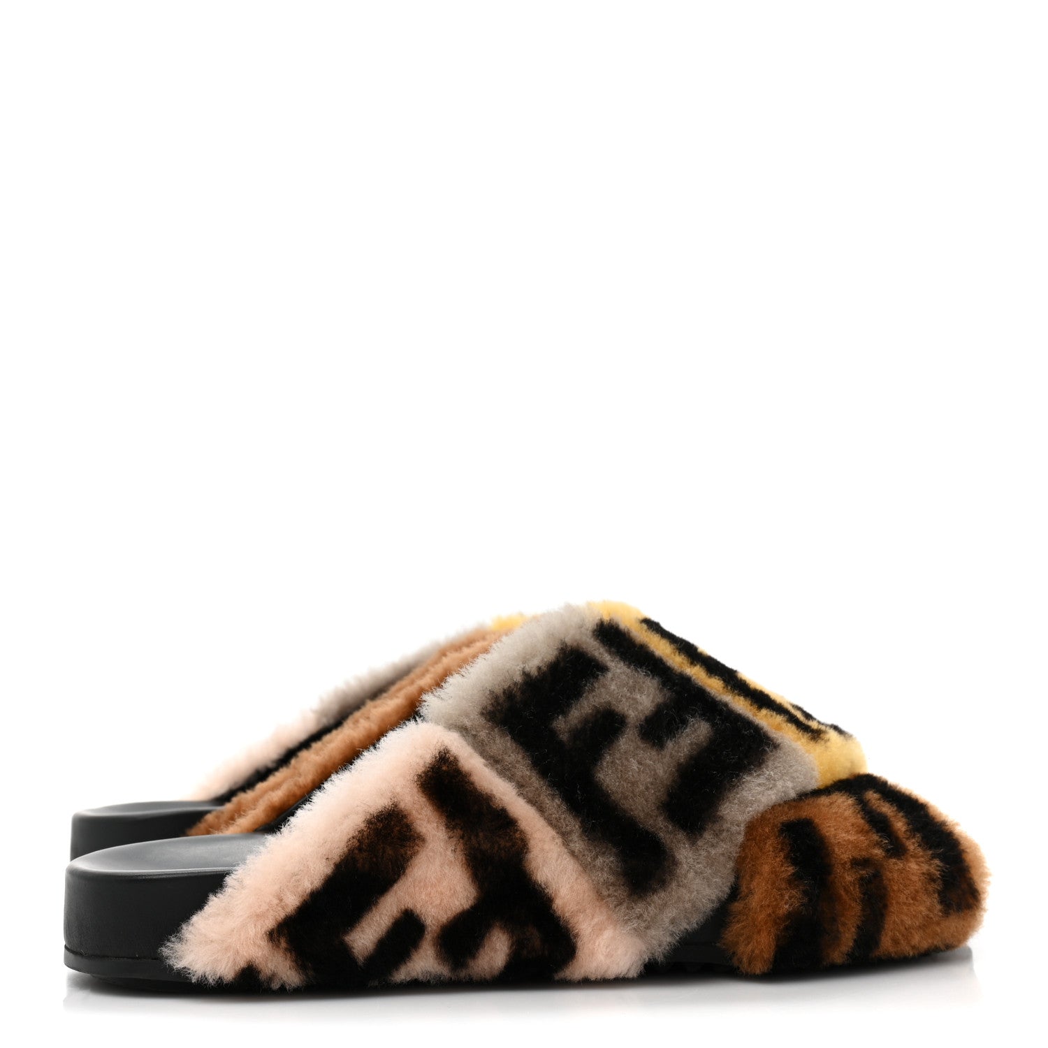 Fendi Shearling FF Cross Strap Slide Flat Sandal 37 Light Rose Black Tabacco 4 of 9