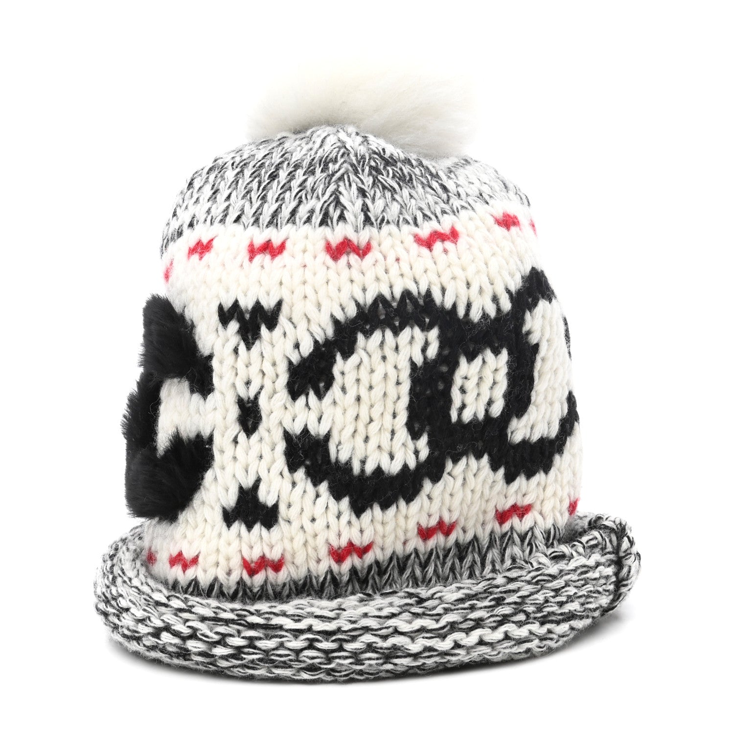 Chanel Wool Shearling CC Beanie Hat Ivory Black Red 2 of 7