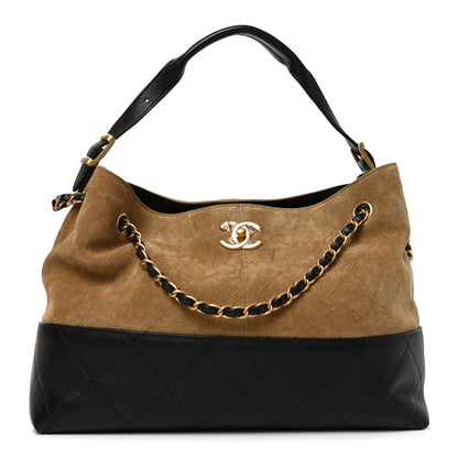 Chanel Suede Calfskin Shiny Lambskin Quilted Small Coco Base Shopping Bag Beige Black 1 of 10
