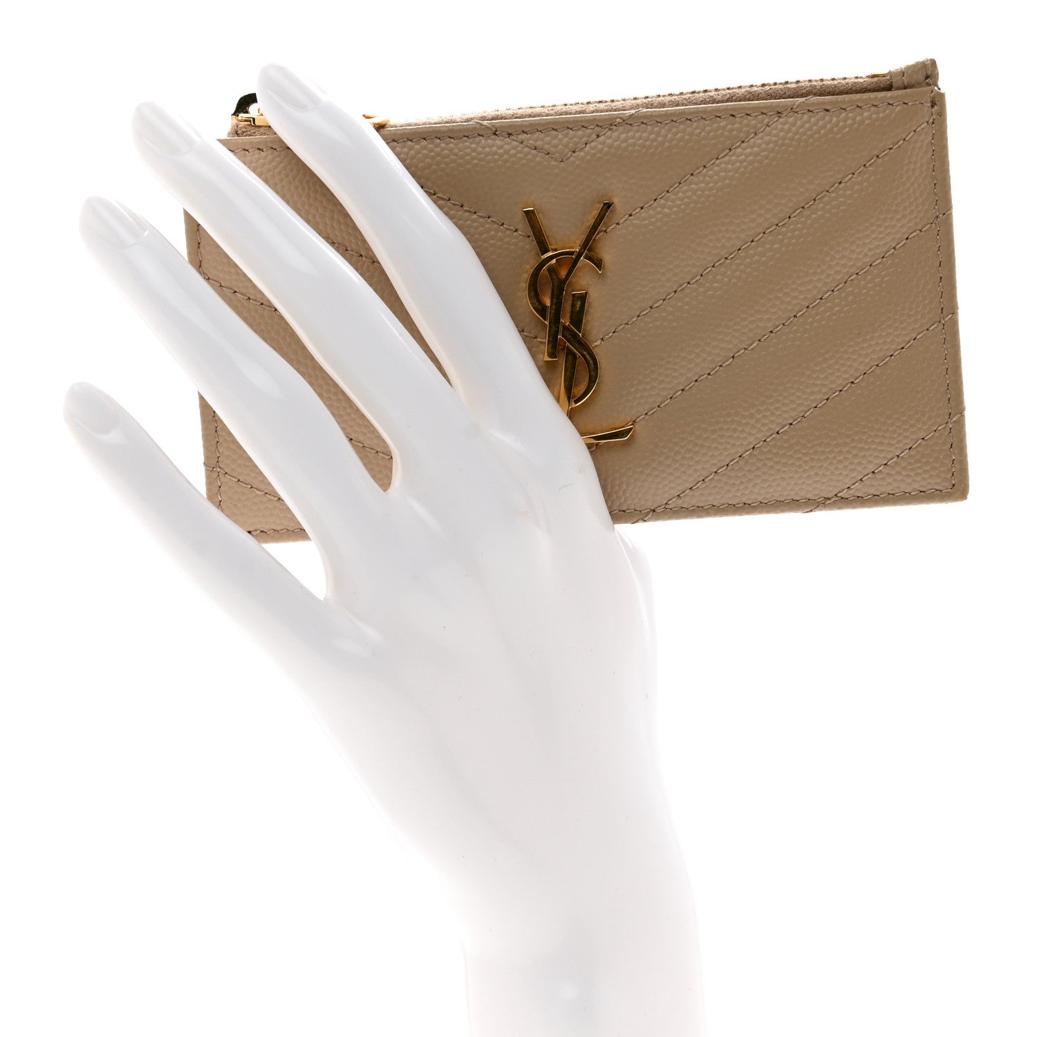 Saint Laurent Grain De Poudre Matelasse Chevron Monogram Fragments Zippered Card Case Deep Beige 2 of 8