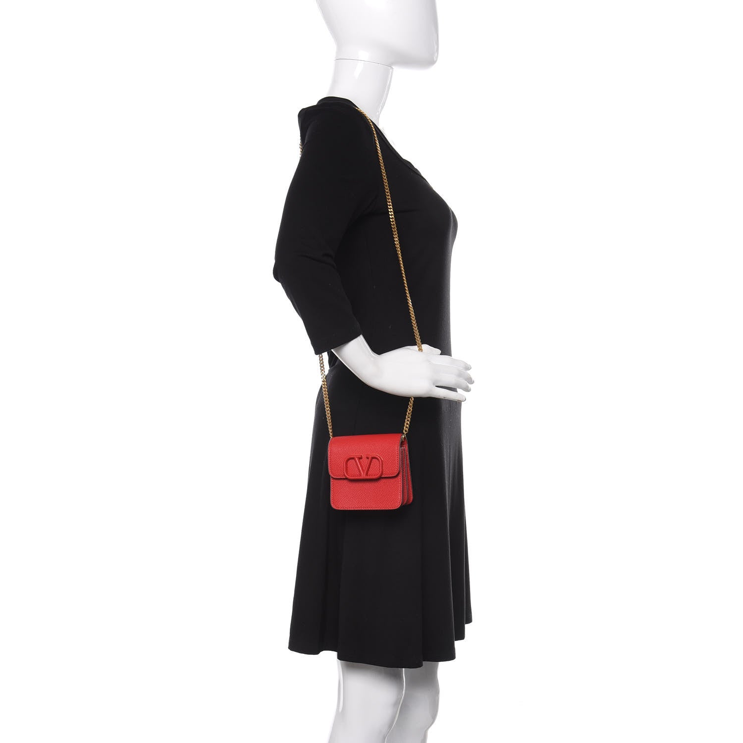 Valentino Garavani Grainy Calfskin Vlogo Compact Wallet with Chain Rouge Pur 2 of 8
