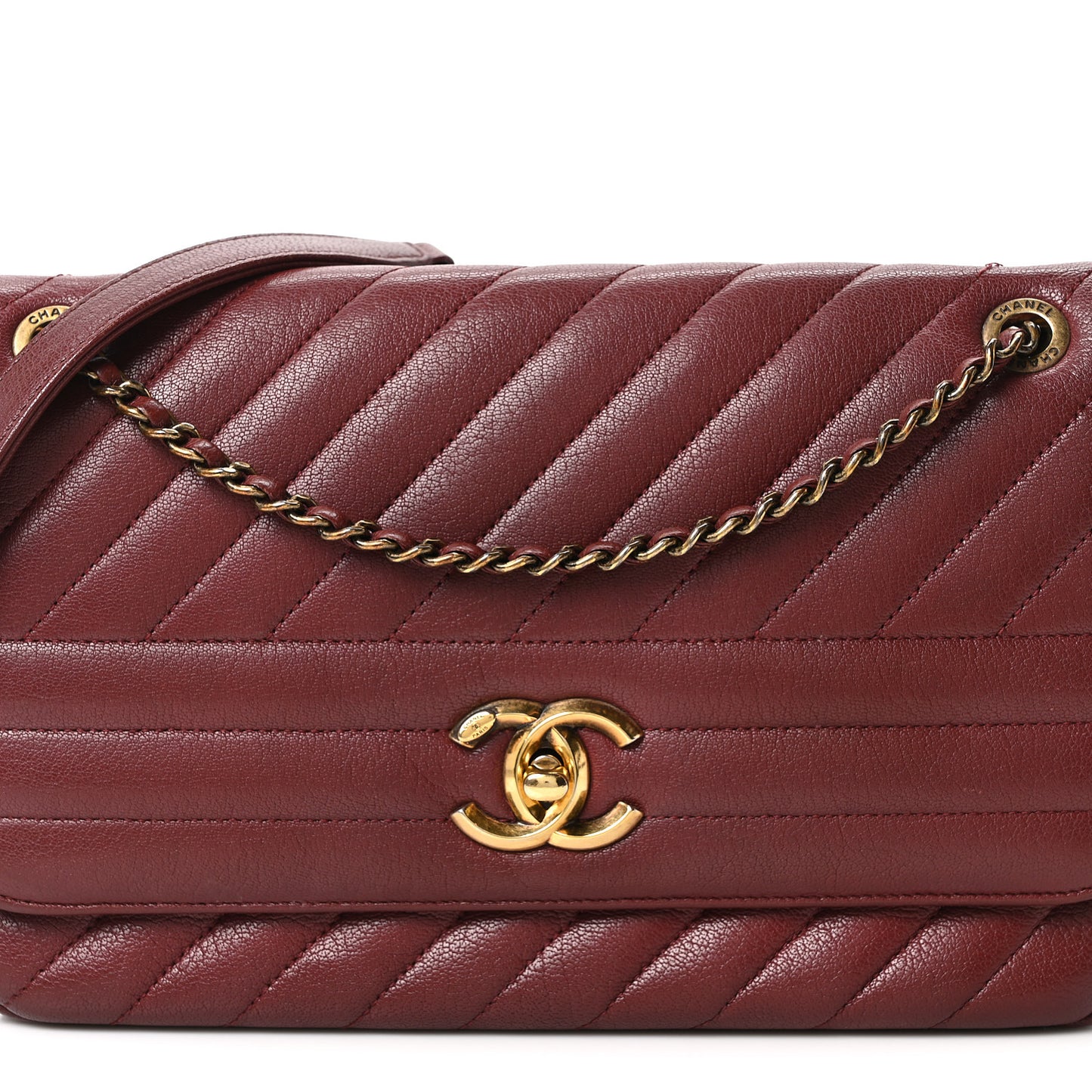 Shiny Goatskin Diagonal Quilted Medium Flap Burgundy