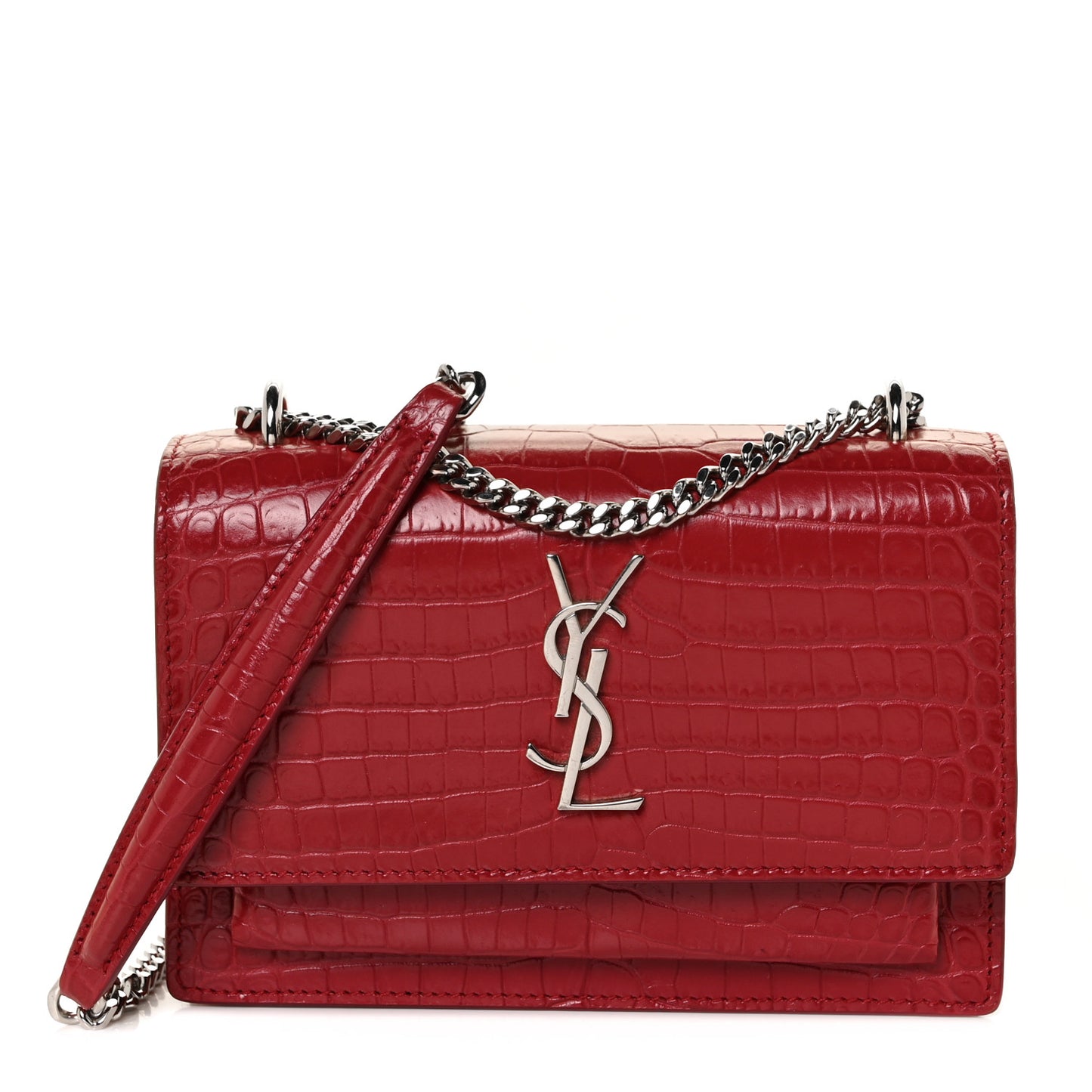 Calfskin Crocodile Embossed Monogram Sunset Chain Wallet New Lipstick Red