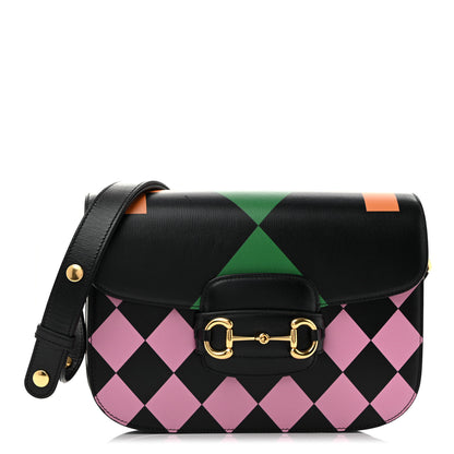 Gucci Textured Calfskin Geometric Print Horsebit 1955 Shoulder Bag Black Multicolor 1 of 12