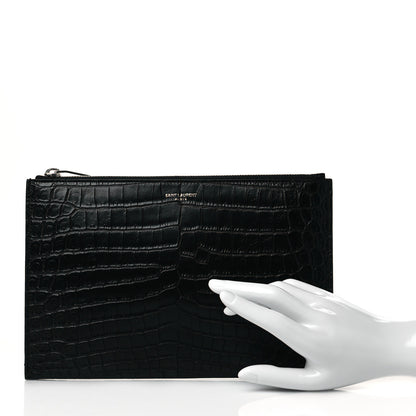 Saint Laurent Calfskin Crocodile Embossed Zip Mini Tablet Sleeve Black 2 of 10