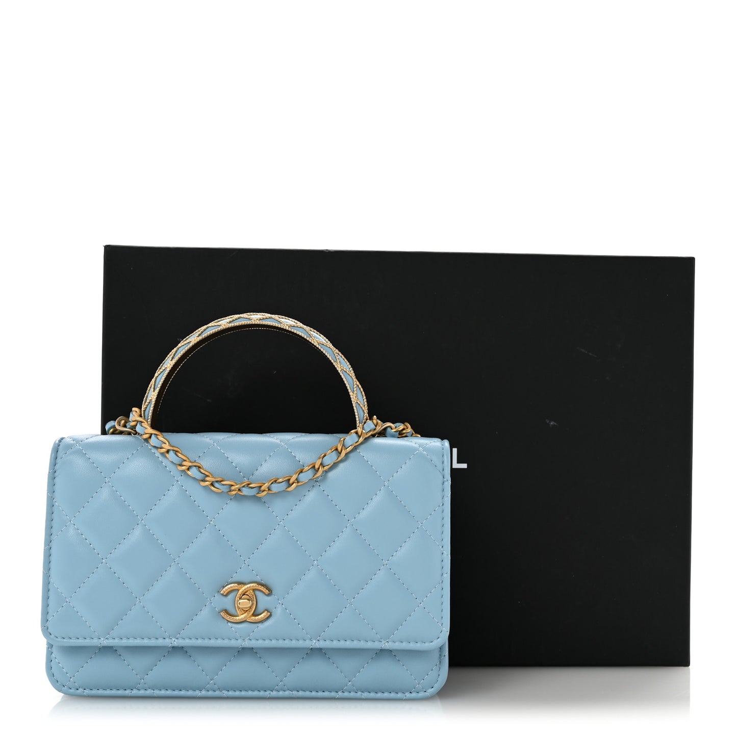 Lambskin Quilted Metal Twist Top Handle Wallet On Chain WOC Blue