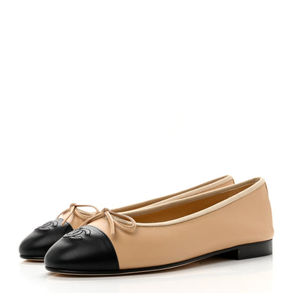 Chanel Lambskin Cap Toe CC Ballerina Flats 37.5 Beige Black 3 of 8