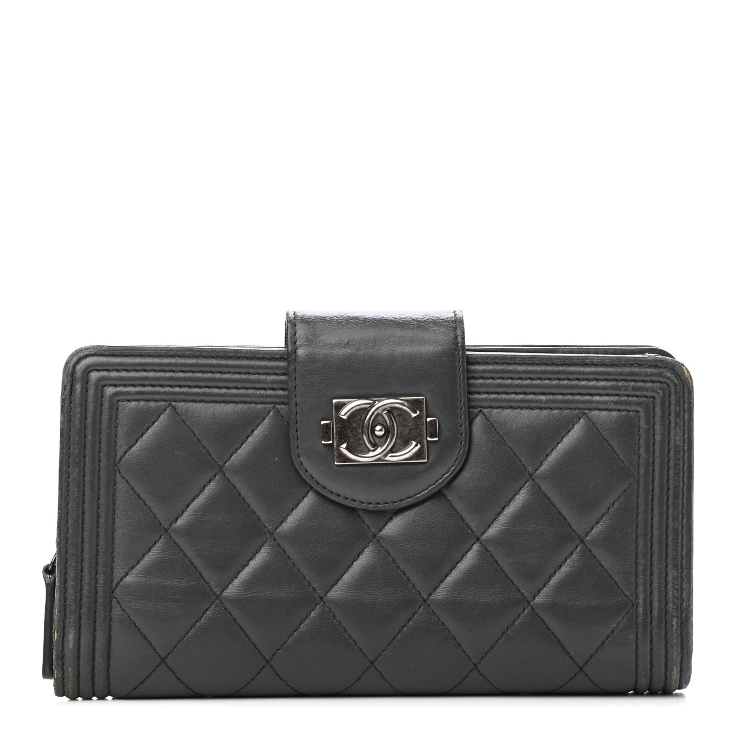 Lambskin Quilted Boy Zip Pocket Wallet Dark Grey
