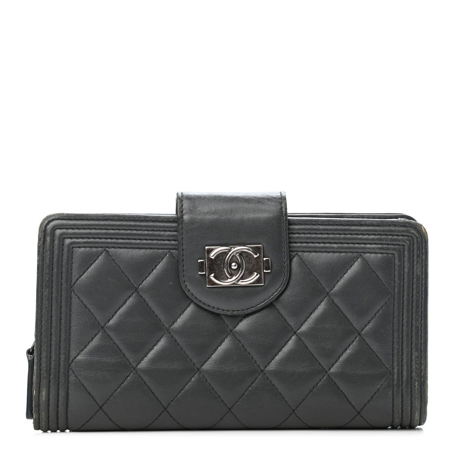 Chanel Lambskin Quilted Boy Zip Pocket Wallet Dark Grey 1 of 5