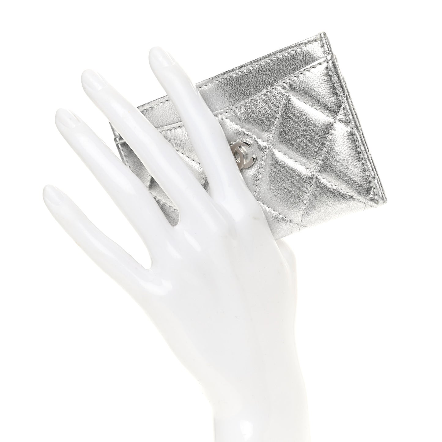 Metallic Lambskin Quilted Card Holder Silver