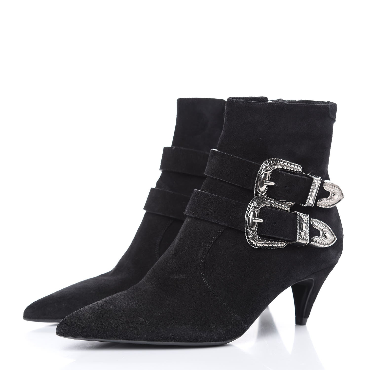 Saint Laurent Baby Wool Suede Charlotte Buckle 55 Booties 36.5 Black 3 of 7