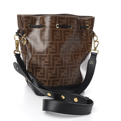 Fendi Glazed Fabric Vitello Grace F is Fendi FF 1974 Stamp Patch Grande Mon Tresor Bucket Bag Mogano Panna Black 3 of 10