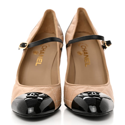 Chanel Grained Calfskin Patent Quilted CC Cap Toe Ankle Strap Pumps 40 Beige Black 2 of 8
