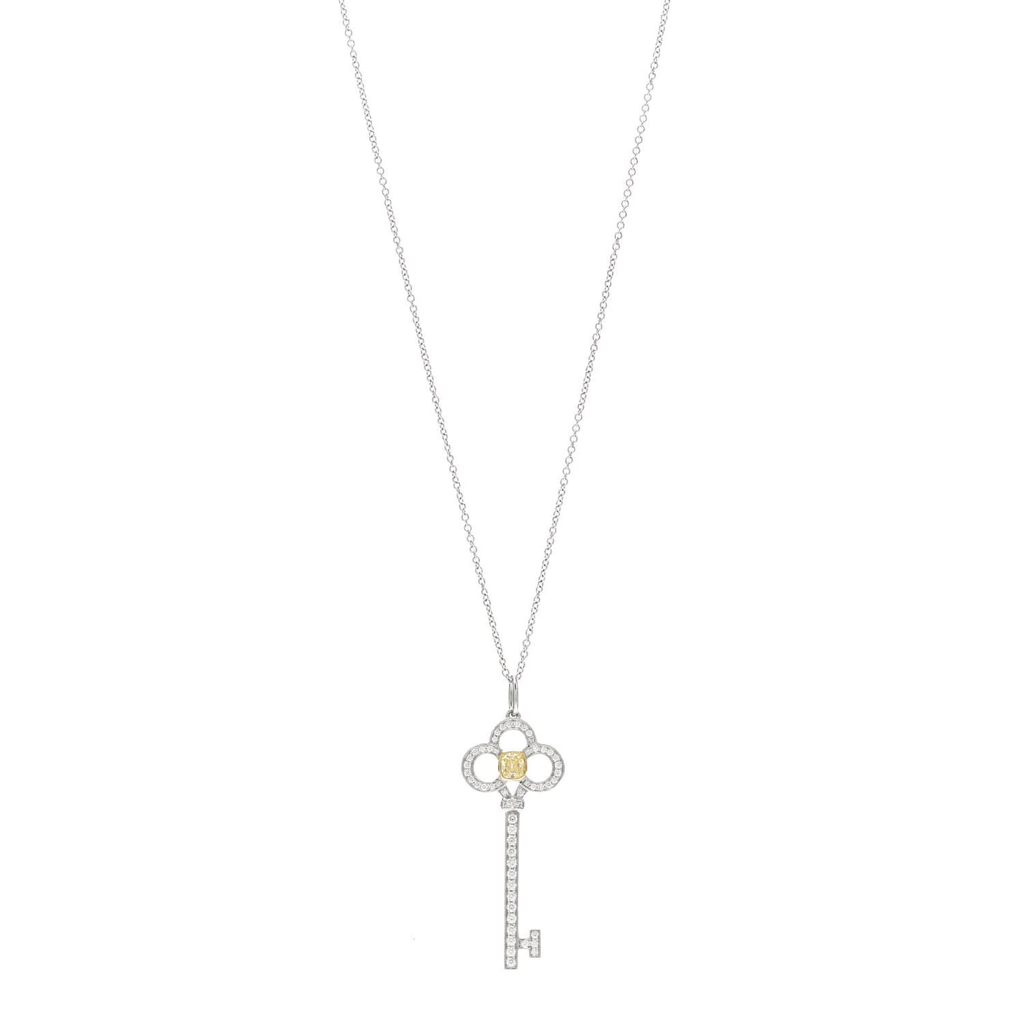 Platinum 18K Yellow White Gold Yellow Diamond Crown Key Pendant Necklace