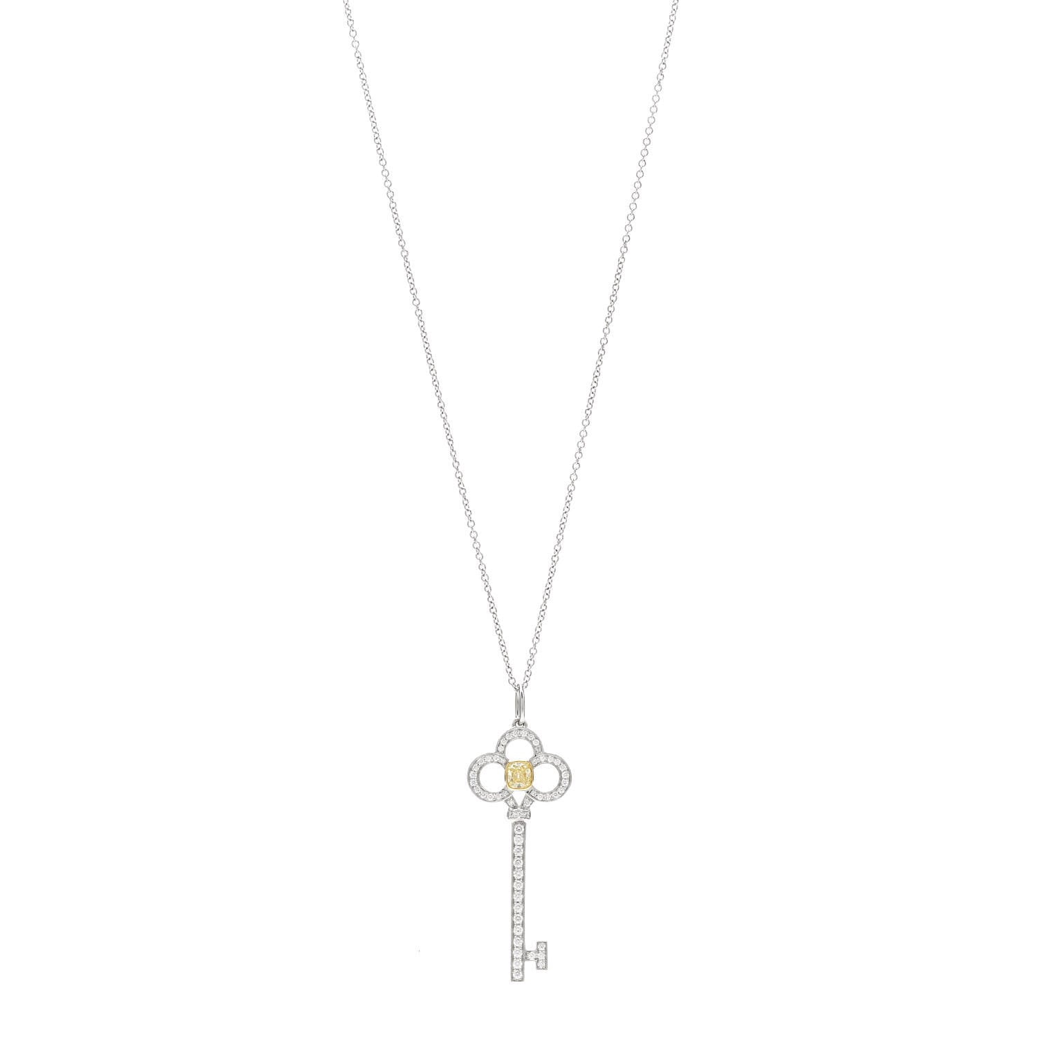 Tiffany Platinum 18K Yellow White Gold Yellow Diamond Crown Key Pendant Necklace 1 of 6