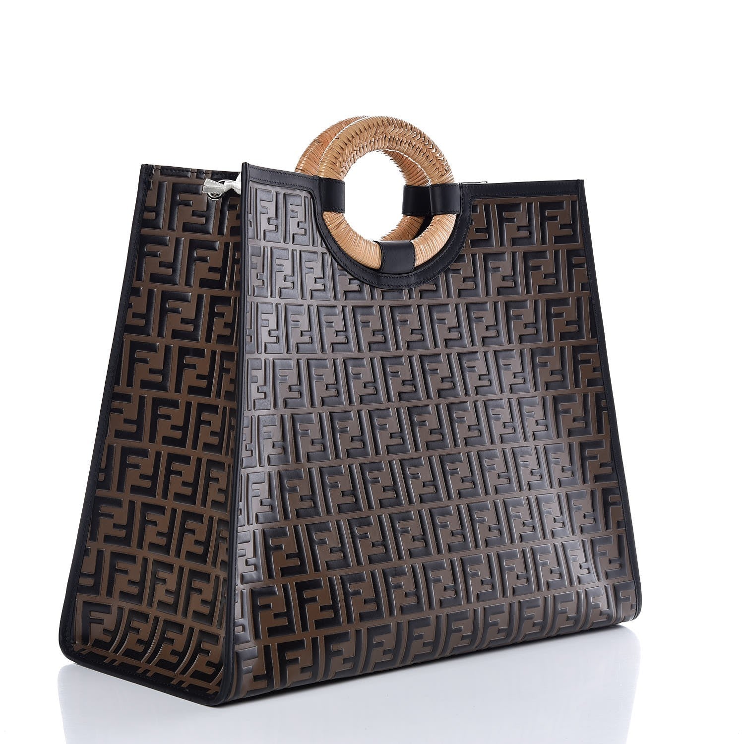 Fendi Vitello Century Wicker Bi-Color FF 1974 Embossed Large Runaway Shopper Tote Maya Black 3 of 7