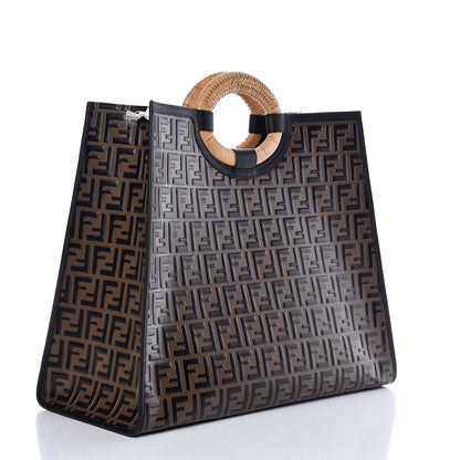 Fendi Vitello Century Wicker Bi-Color FF 1974 Embossed Large Runaway Shopper Tote Maya Black 3 of 7