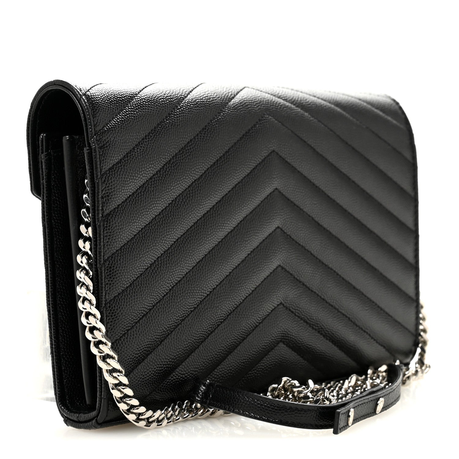 Saint Laurent Grain De Poudre Matelasse Chevron Monogram Chain Wallet Black 3 of 13