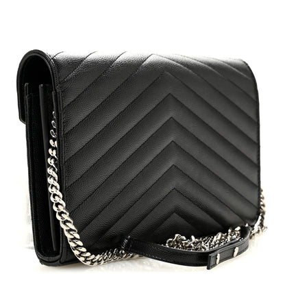 Saint Laurent Grain De Poudre Matelasse Chevron Monogram Chain Wallet Black 3 of 13