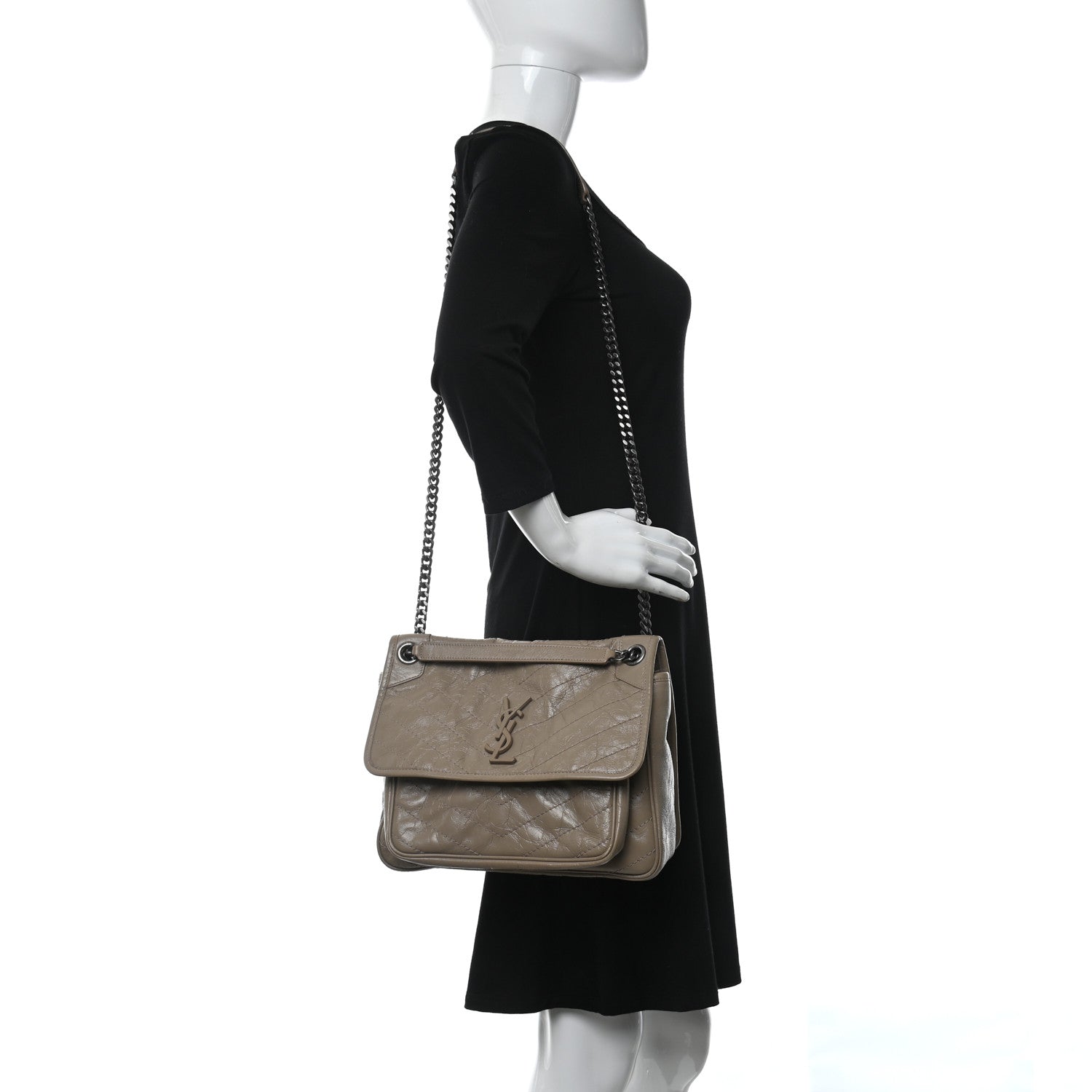 Saint Laurent Crinkled Calfskin Matelasse Monogram Medium Niki Chain Satchel Taupe 3 of 9